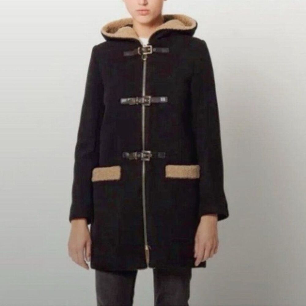 Sandro Paris Black Toggle Duffle Coat Wool French Designer Luxury, Women 36 Sm